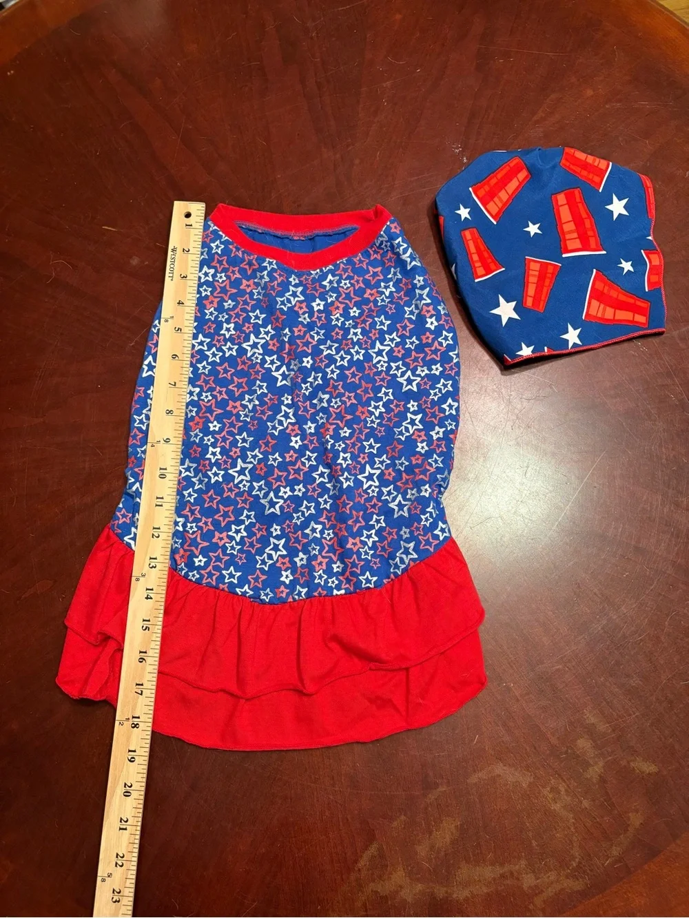 Top Paw Blue and Red Star Ruffle Dog Dress with Bandana